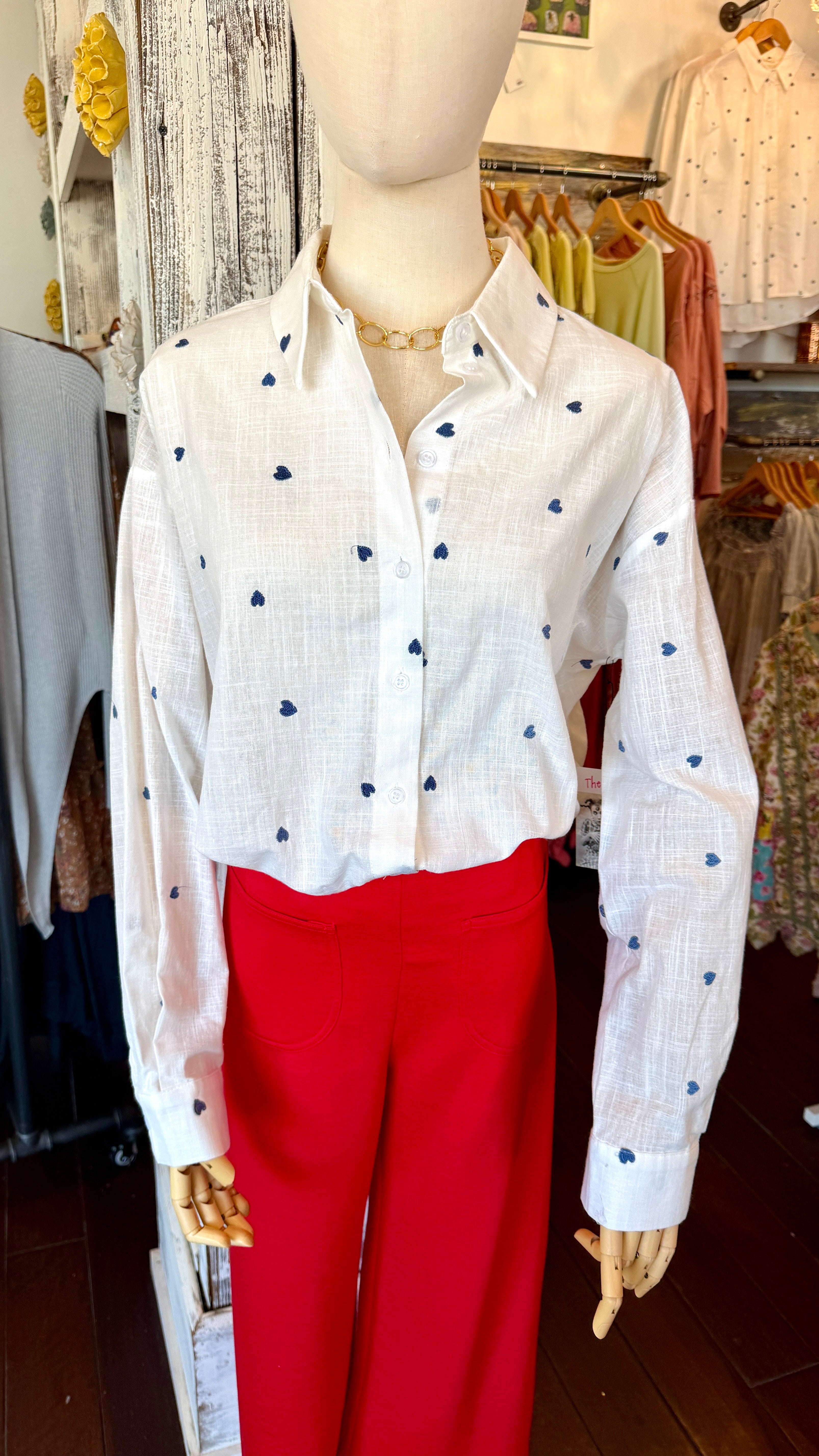 Embroidered Heart Button-Down Blouse