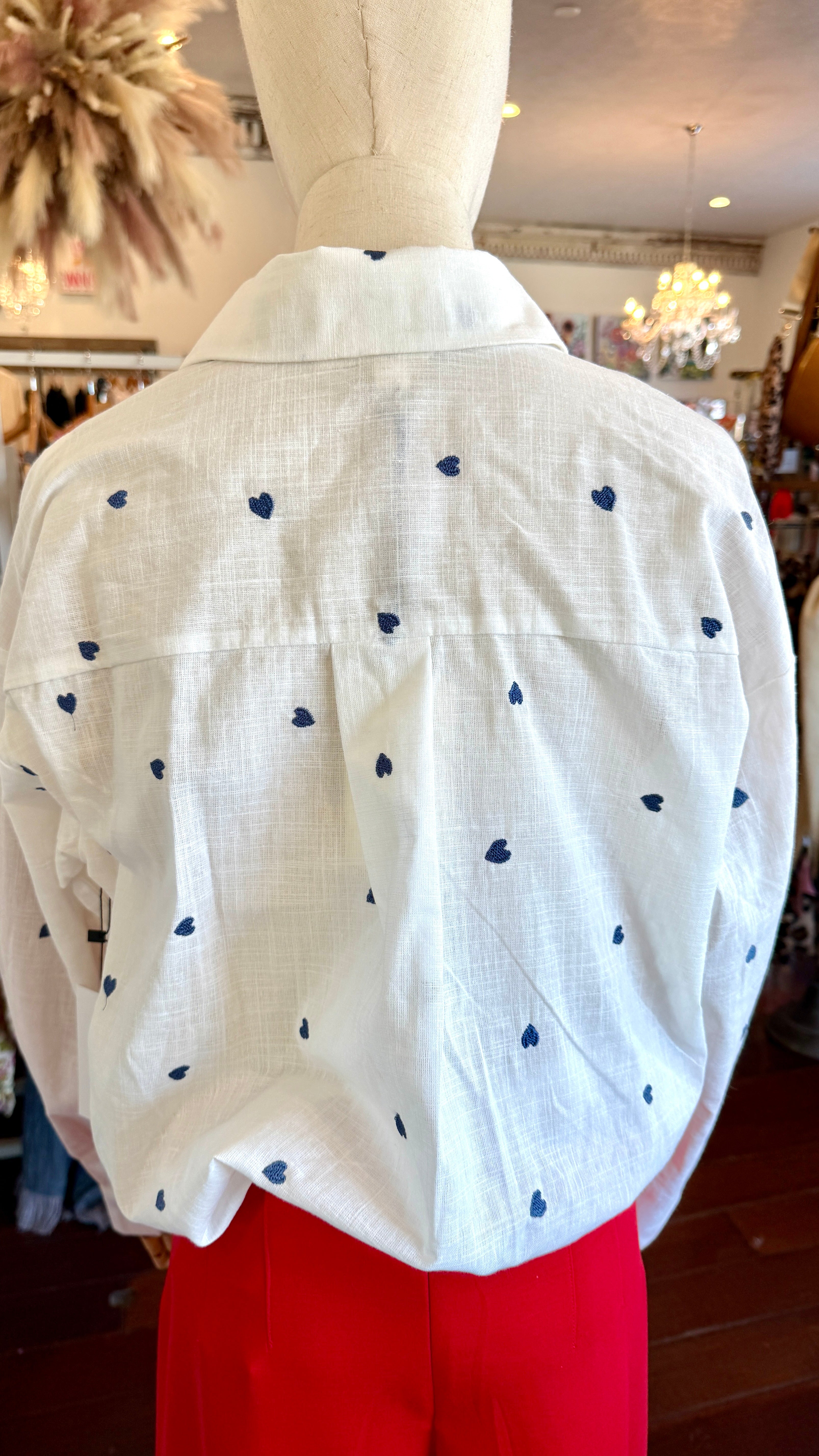 Embroidered Heart Button-Down Blouse