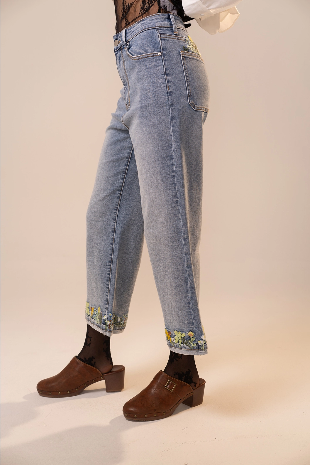 Meadow Bloom Wide Leg Embroidered Crop Jeans – Preorder